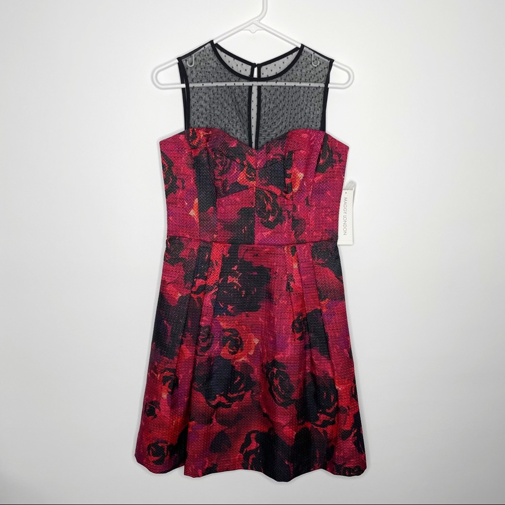 Maggy London Marnie Dress Red Black Floral Illusion Yoke Fit Flare - Nwt 6